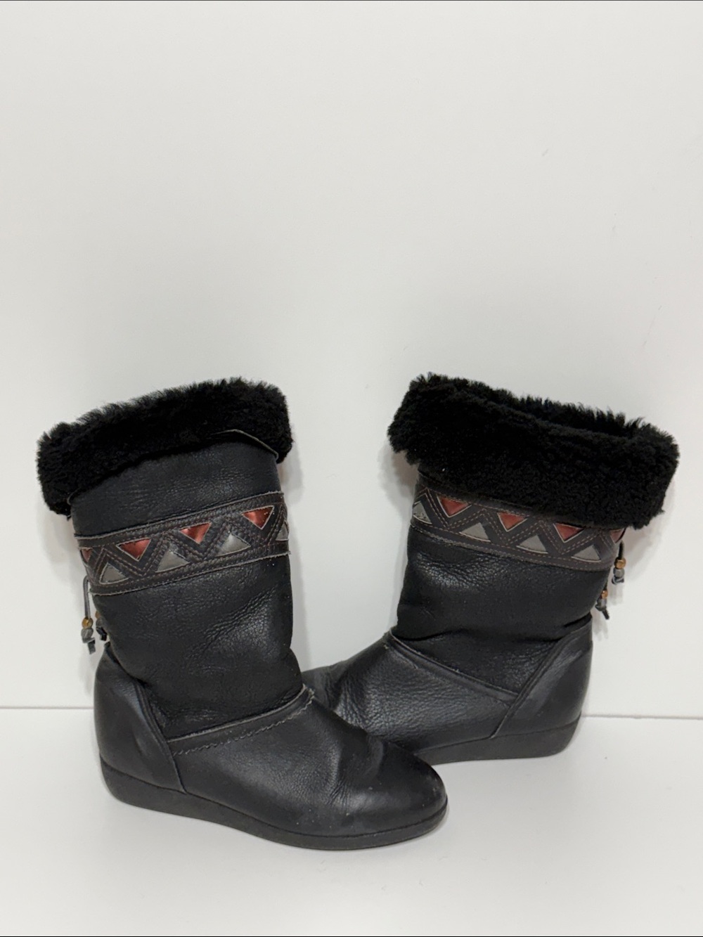 Vintage Sorel 1980’s Sheepskin Leather Boots in Black with Geometric Design